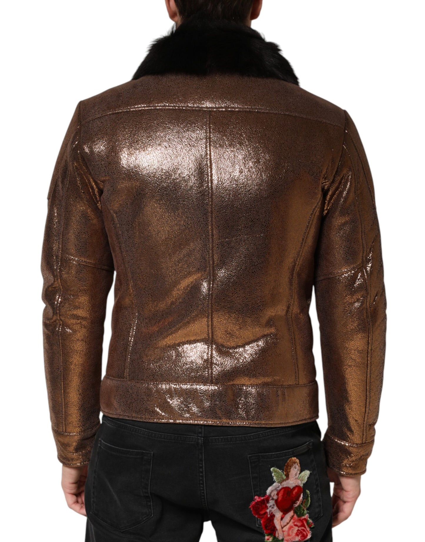 Bronze Leather Fur Full Zip Men Biker Jacket