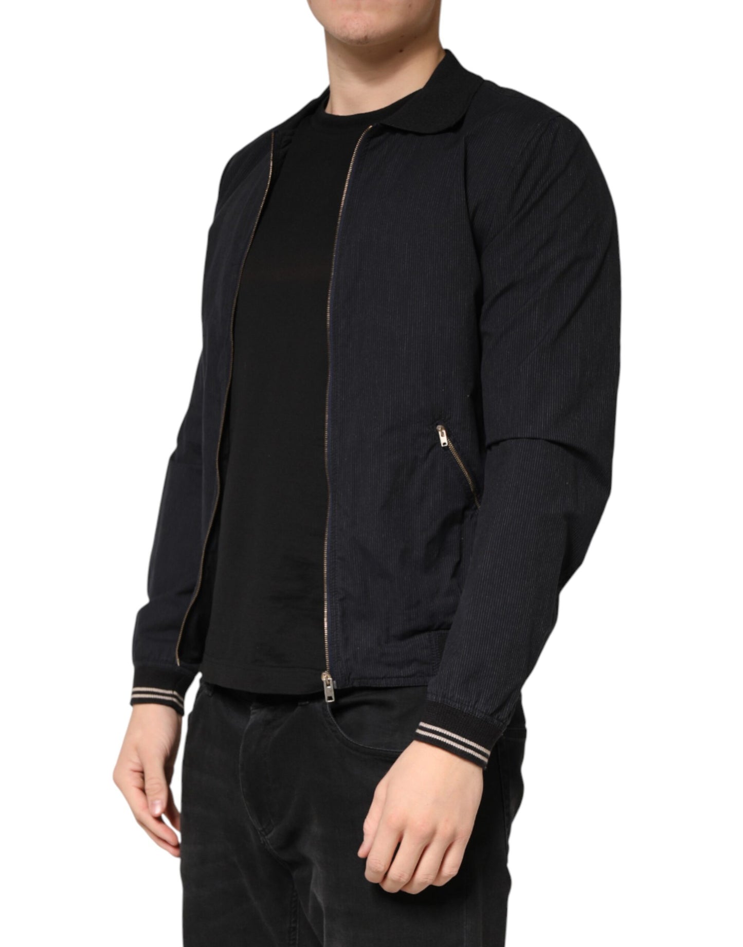 Dark Blue Cotton Full Zip Bomber Men Jacket