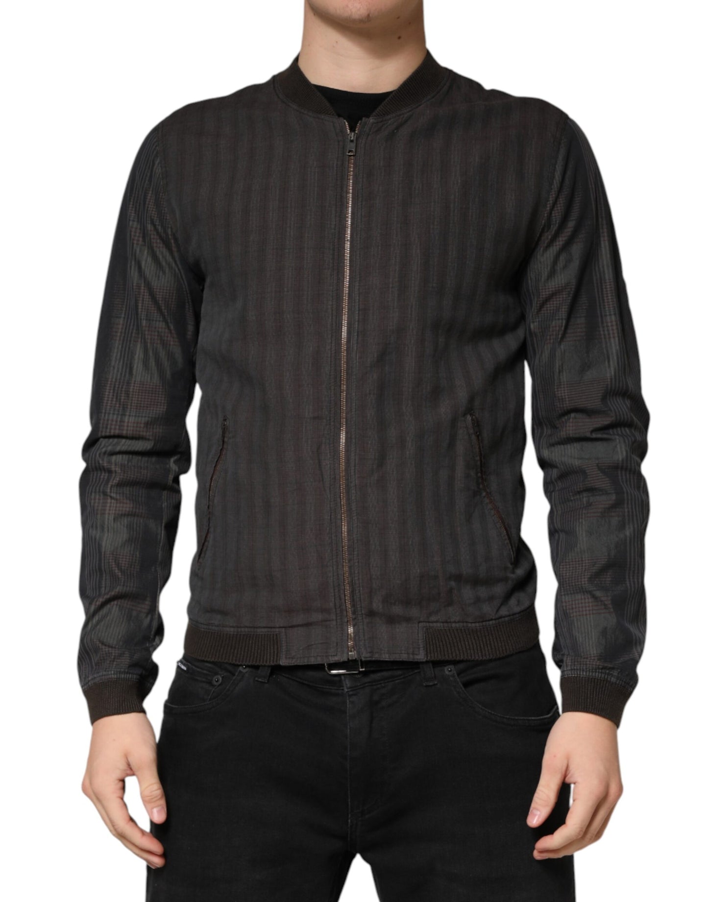 Black Stripes Cotton Full Zip Bomber Jacket