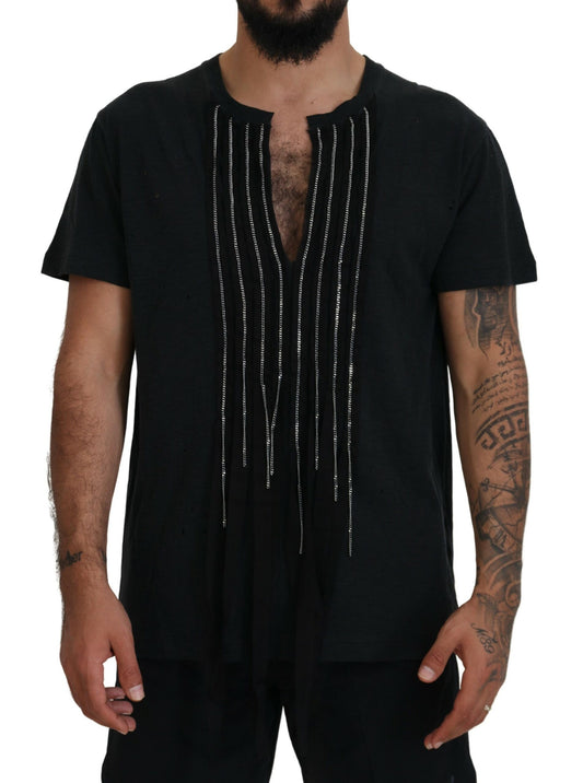 Black Chain Embellished Cotton Short Sleeve T-shirt