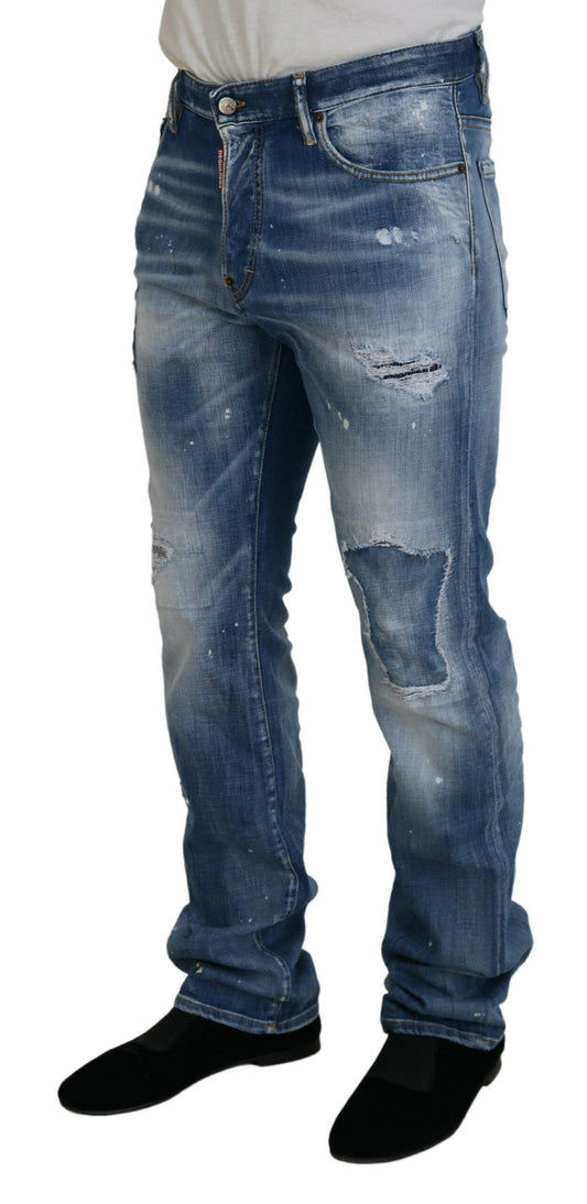 Blue Washed Tattered Straight Fit Casual Denim Jeans