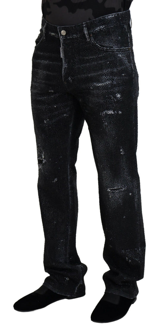 Black Crystal Embellished Tattered Denim Jeans