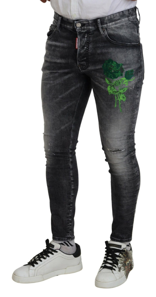 Gray Washed Green Print Skinny Casual Denim Jeans