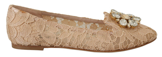 Elegant Beige Lace Vally Flats with Crystal Accent