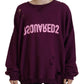 Purple Cotton Distressed Printed Long Sleeve Sweater