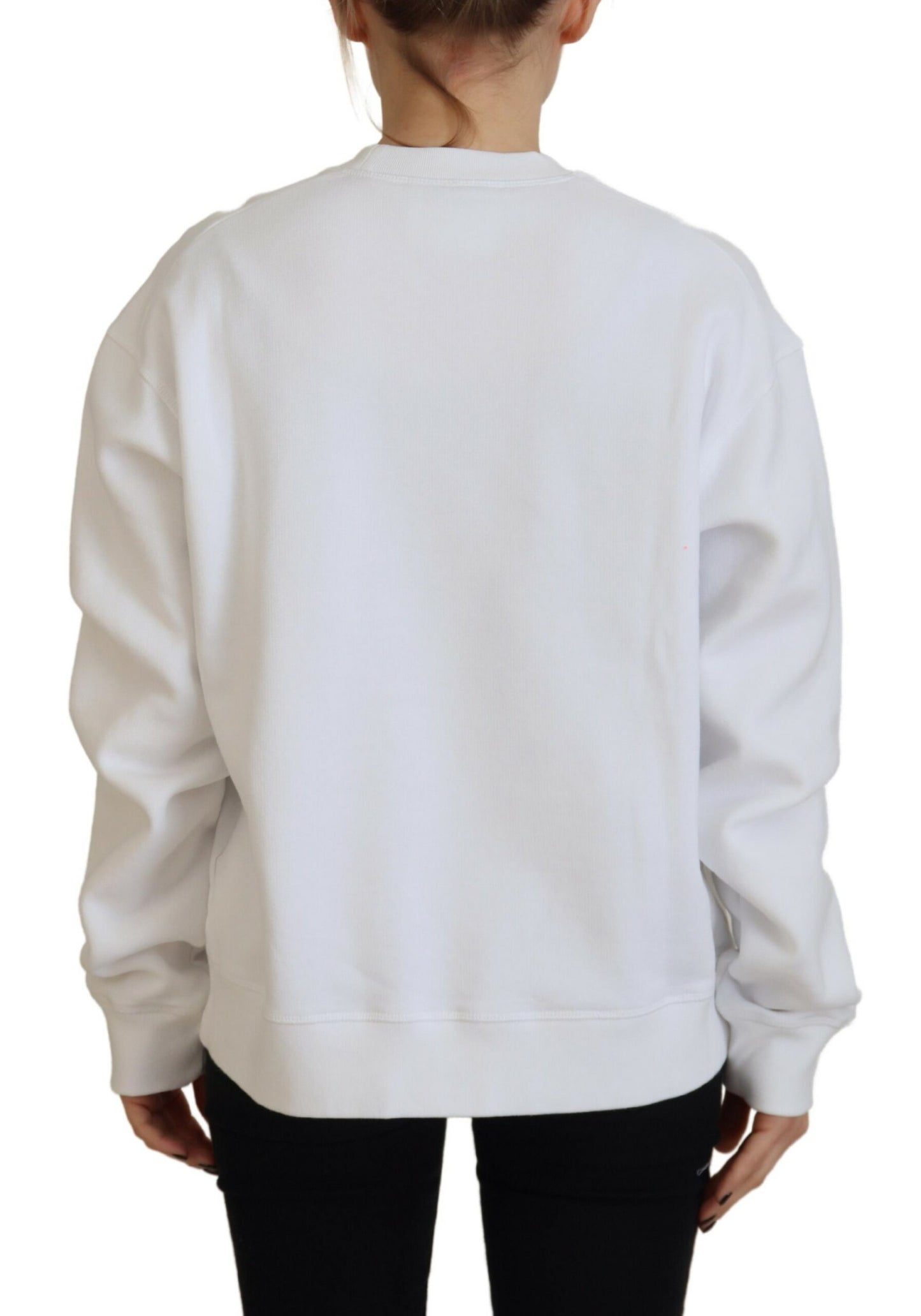 White Cotton Printed Long Sleeve Crew Neck Sweater