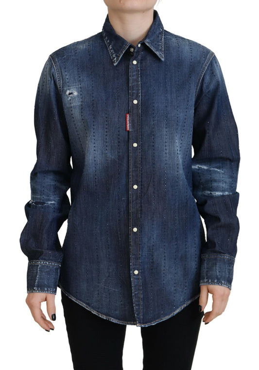 Blue Washed Cotton Button Down Collared Denim Top