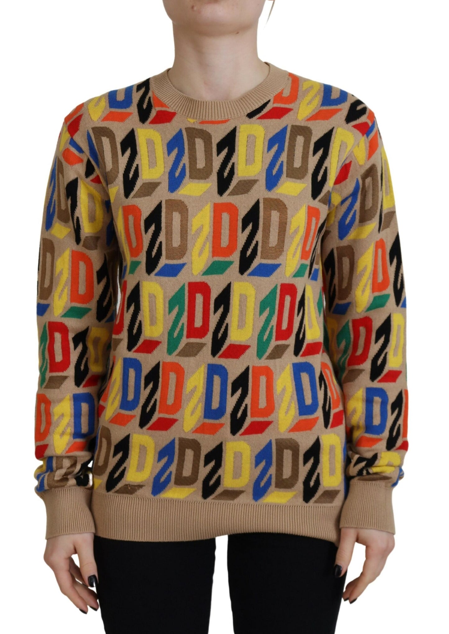Brown Cotton Long Sleeve Crew Neck Printed Sweater