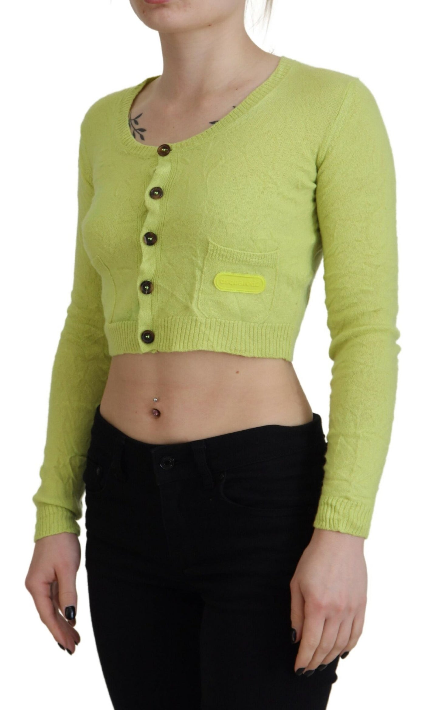 Yellow Green Cashmere Long Sleeves Cropped Sweater