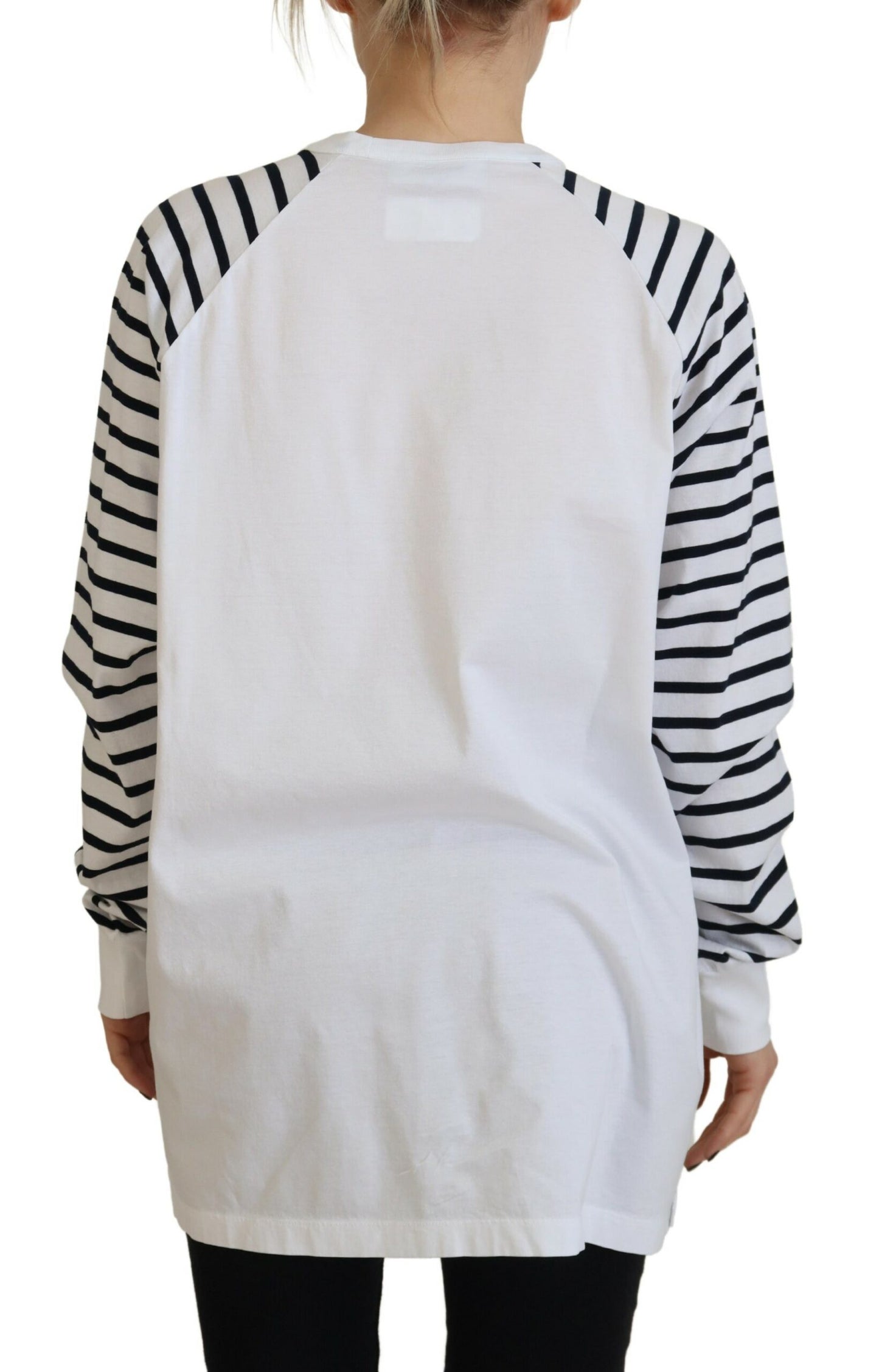 White Cotton Striped Crew Neck Short Sleeve Sweater