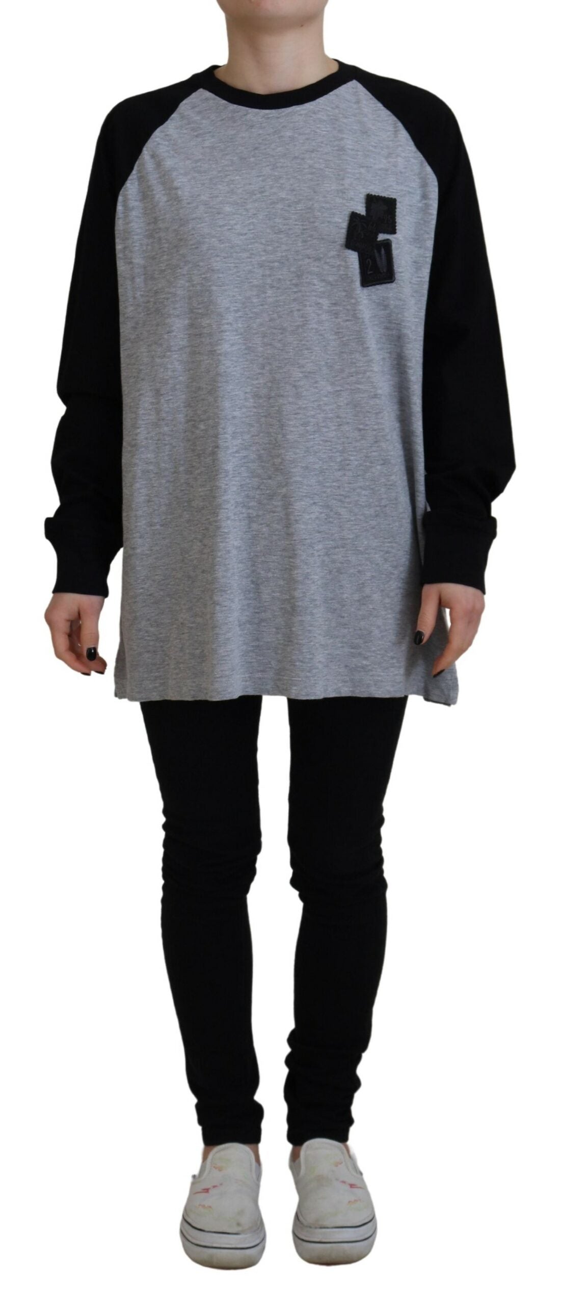 Black Gray Cotton Raglan Long Sleeves Casual Top