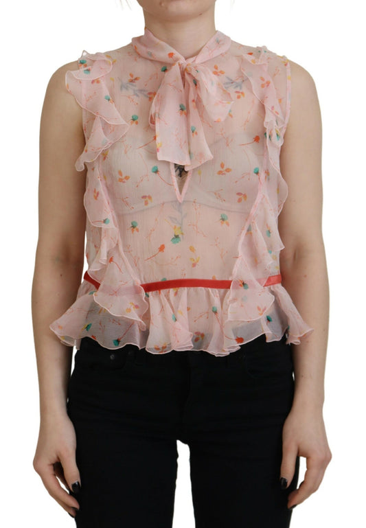 Pink Floral Print Silk Sleeveless Ascot Collar Top