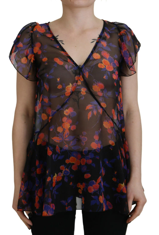 Black Floral Print Short Sleeves V-neck Blouse Top
