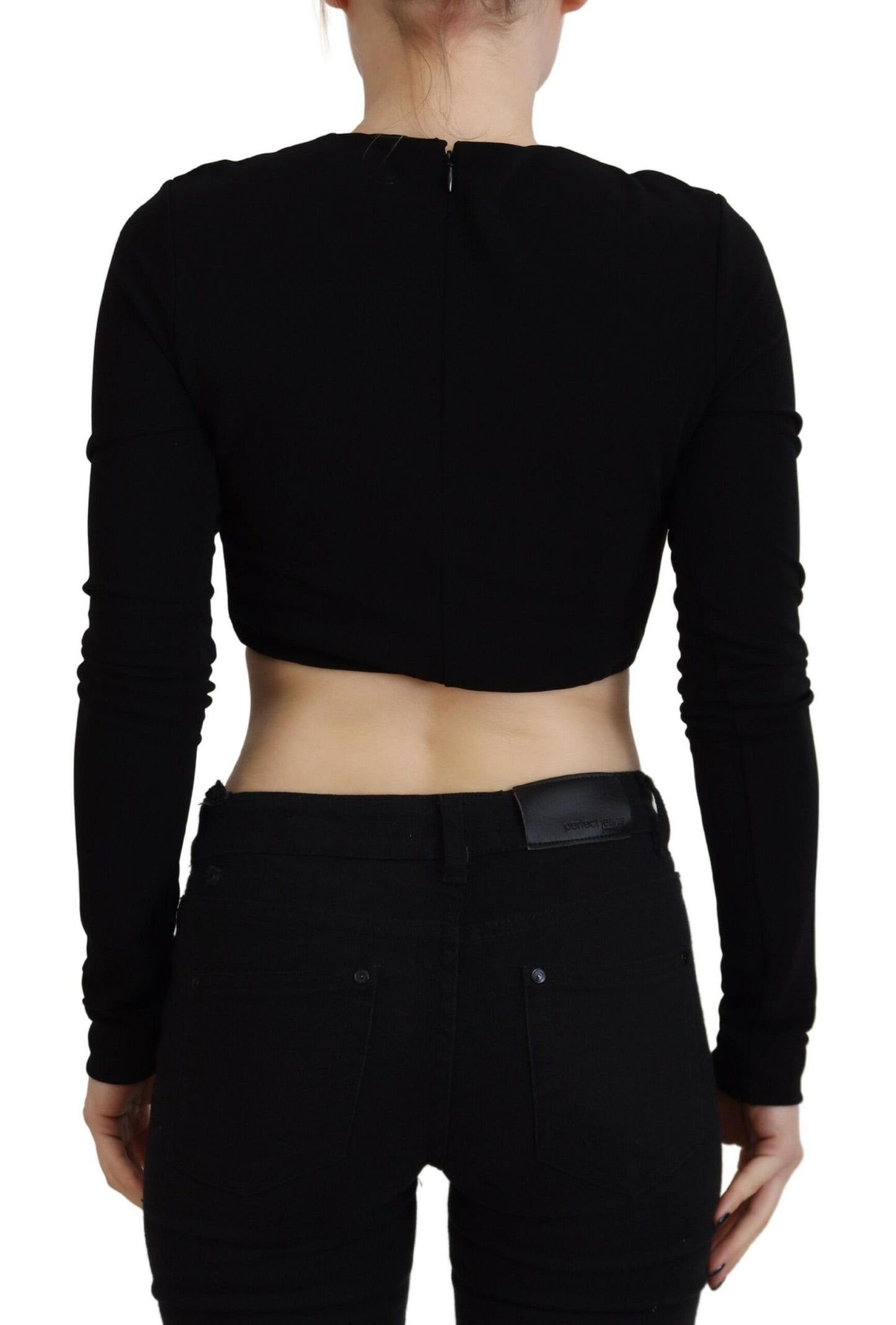 Black Viscose Cropped Round Neck Long Sleeves Top