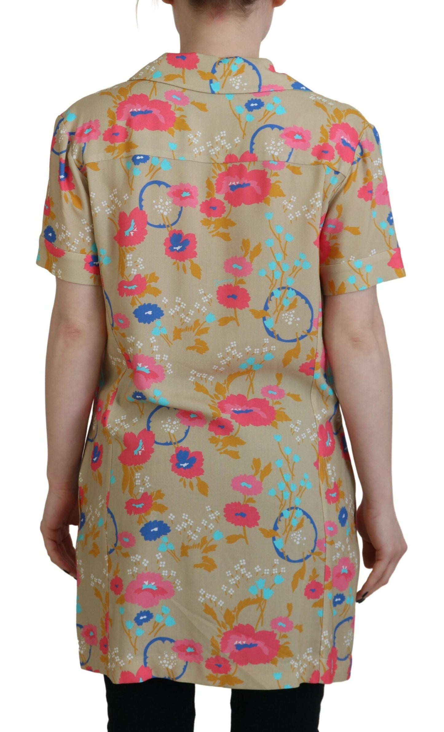 Multicolor Printed Collared Button Front Long Blouse Top