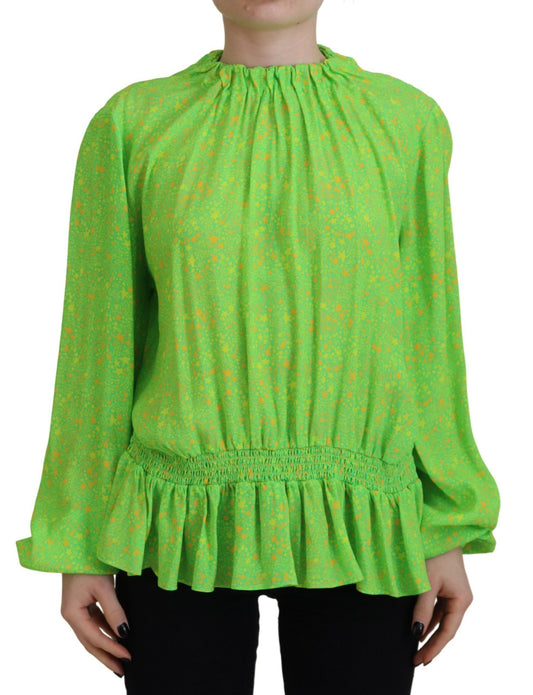 Green Stars Print Viscose Long Sleeves Blouse Top
