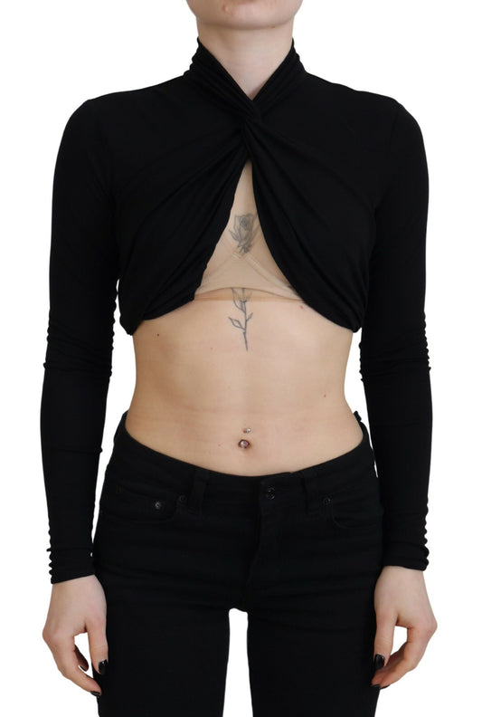 Black Cut Out Viscose Cropped Long Sleeves Top