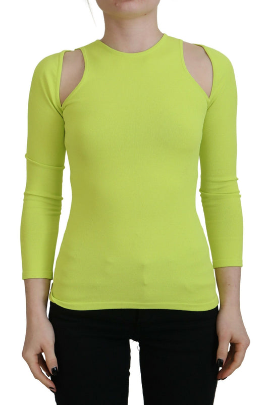Yellow Green Viscose Open Shoulder Long Sleeves Top