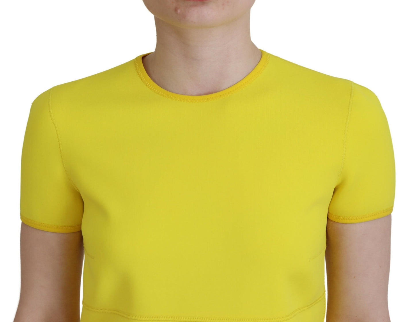 Yellow Nylon Short Sleeves Round Neck Mini Dress