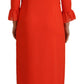 Red Polyester Long Sleeves Pleated Midi Dress