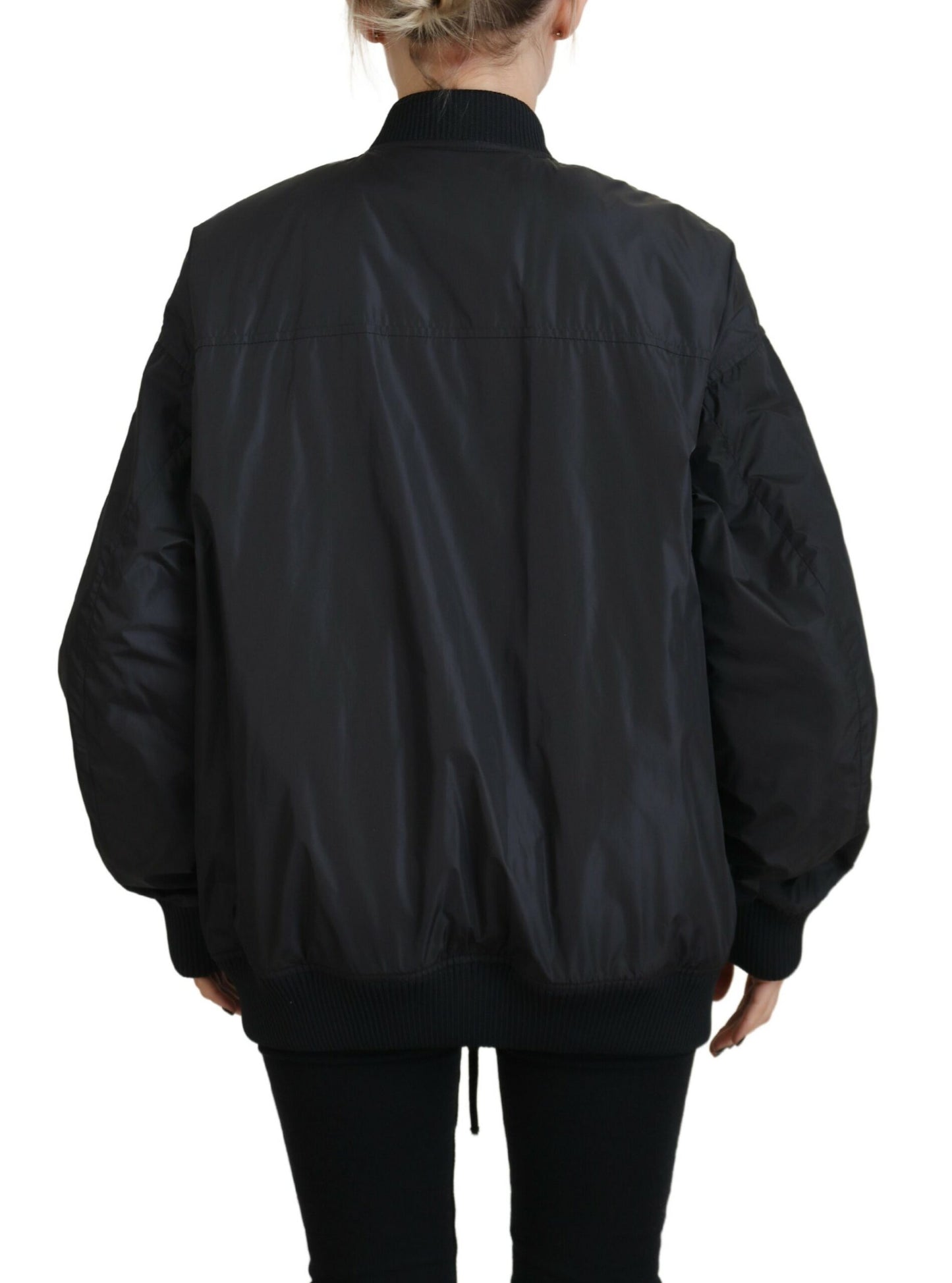 Black Logo Print Full Zip Women Bomber Jacket