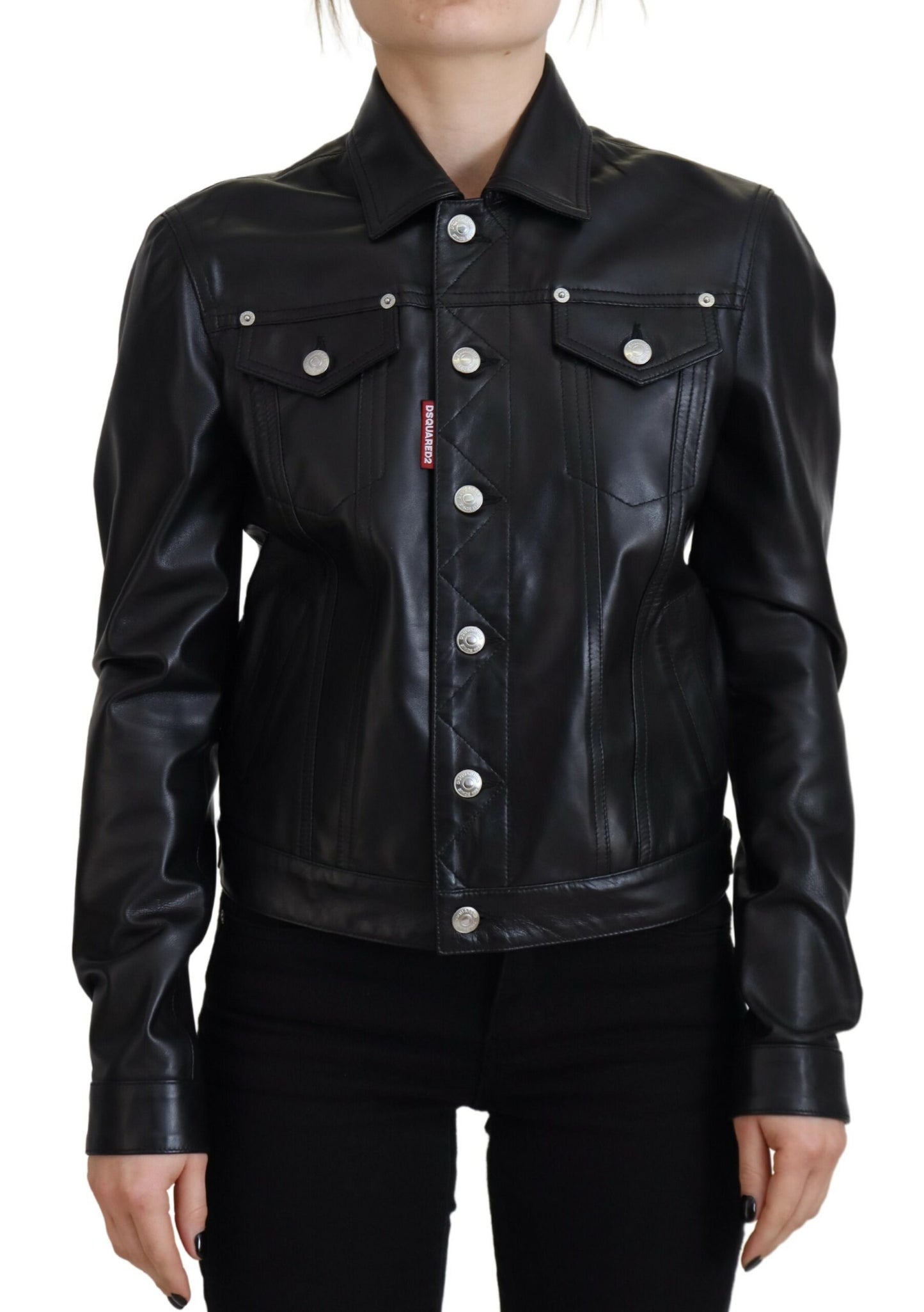 Black Leather Collared Long Sleeves Jacket
