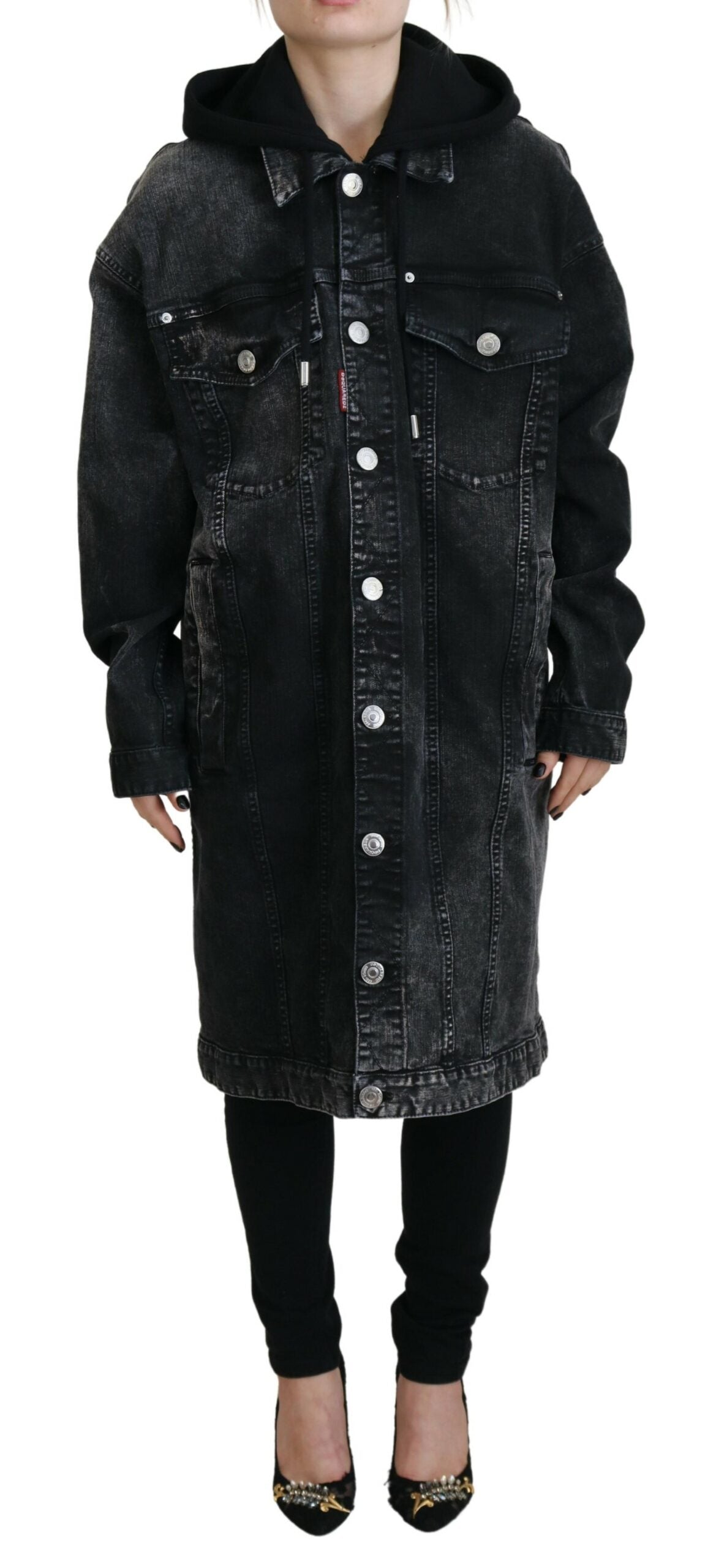 Black Washed Hooded Women Long Denim Blazer Jacket
