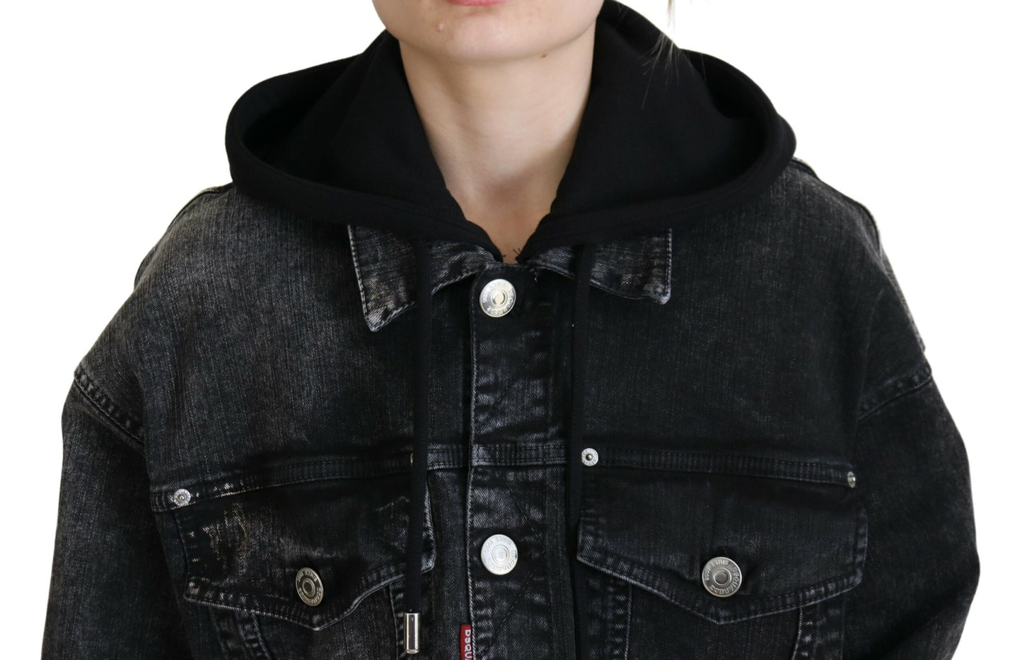 Black Washed Hooded Women Long Denim Blazer Jacket