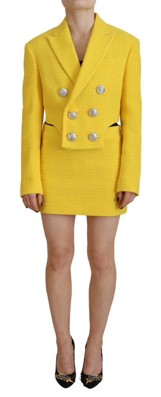 Yellow Double Breasted Mini Suit Blazer Skirt Set