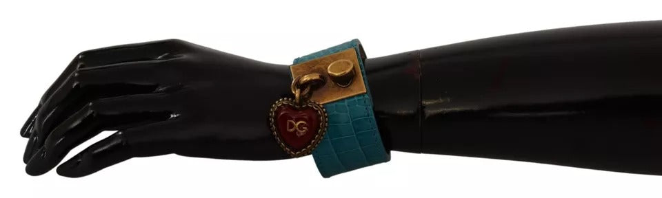 Blue Leather Gold DG Heart Pendant Wide Bracelet
