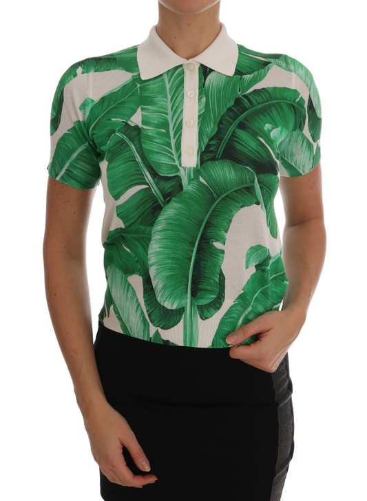 Green Banana Print Silk Polo T-shirt