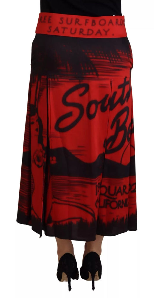Red Printed High Waist A-line Pleated Midi Skirt