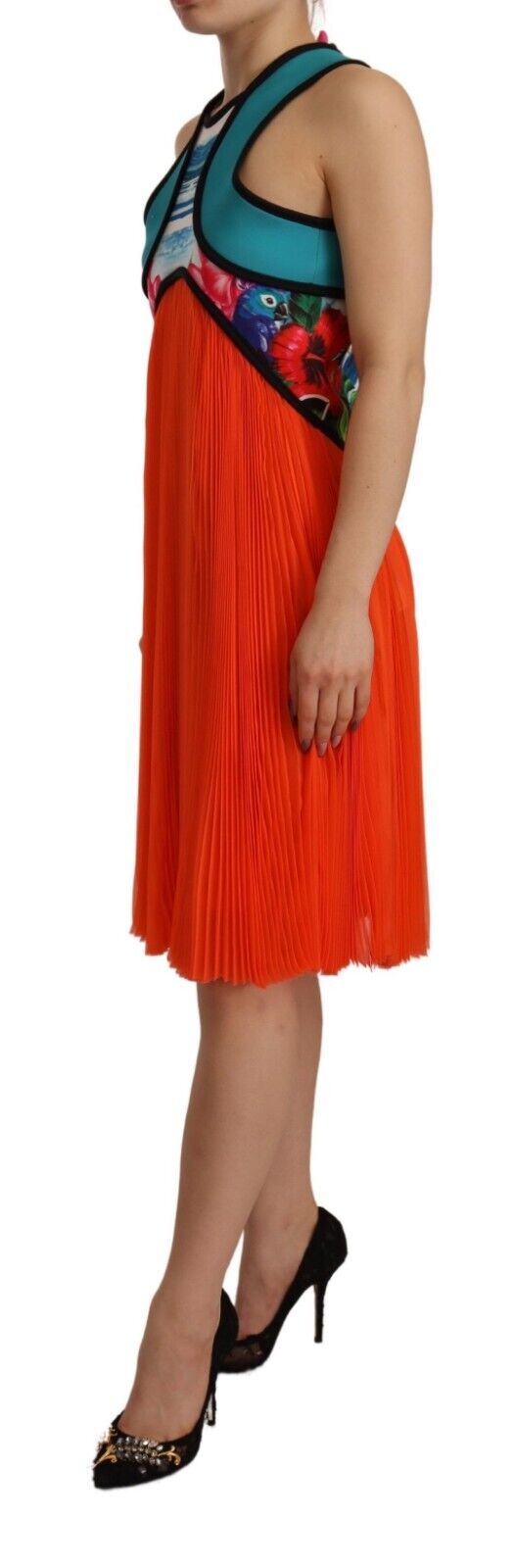 Multicolor Silk Sleeveless Pleated Knee Length Dress