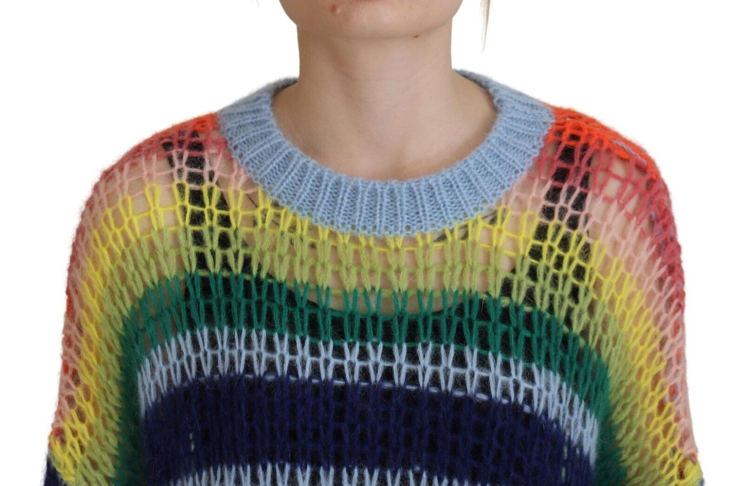 Multicolor Knitted Mohair Crewneck Pullover Sweater