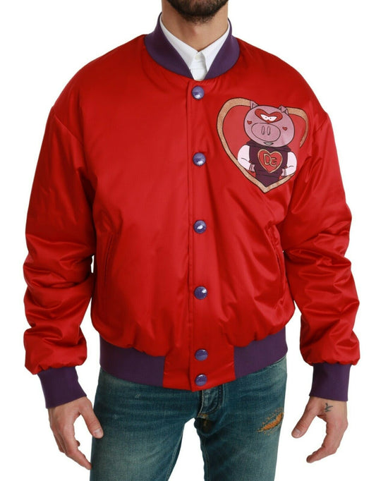 Vibrant Red Bomber Jacket with Multicolor Motif