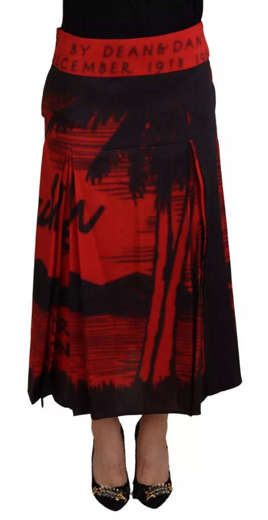 Red Printed High Waist A-line Pleated Midi Skirt