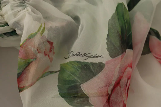 Elegant White Silk Maxi Dress with Pink Roses