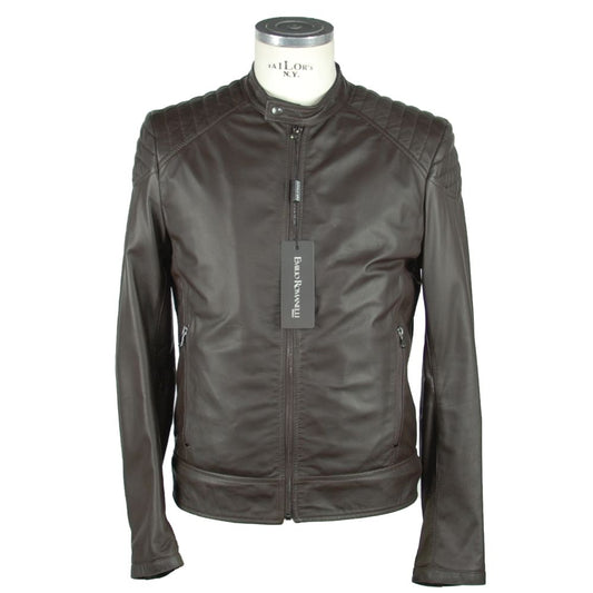 Elegant Brown Leather Zip Jacket