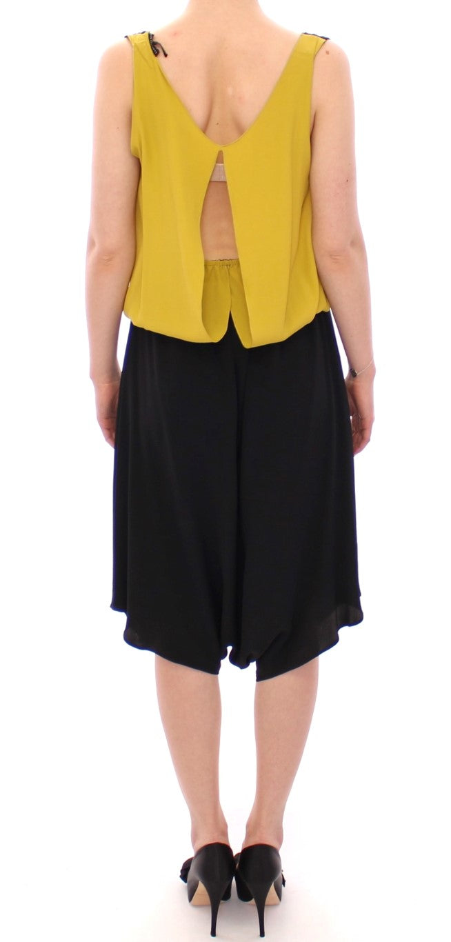 Elegant Silk Blend Shift Dress in Black and Yellow