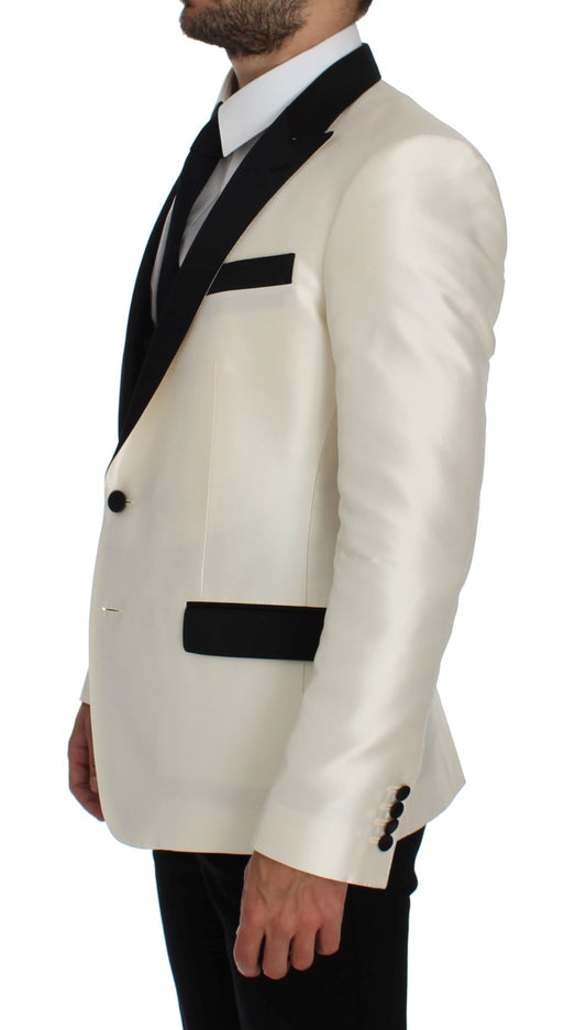 Elegant Black and White Slim Fit Silk Blend Suit