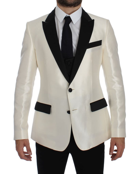 Elegant Black and White Slim Fit Silk Blend Suit
