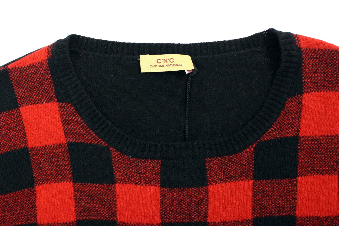 Chic Red & Black Checkered Wool Crewneck Sweater