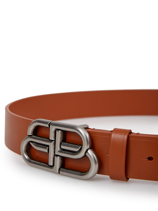 Brown Leather Logo Buckle Belt