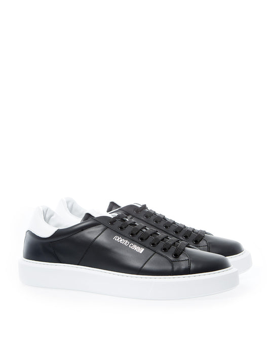 Black Leather Sneakers with Silver Logo