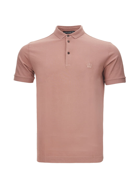 Antique Pink Cotton Polo Shirt with Crown Embroidery