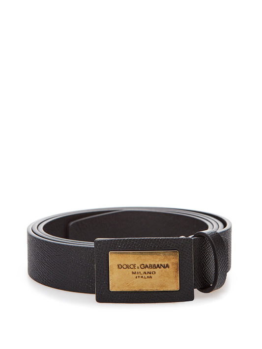 Black Leather Belt with Gold Logo Buckle