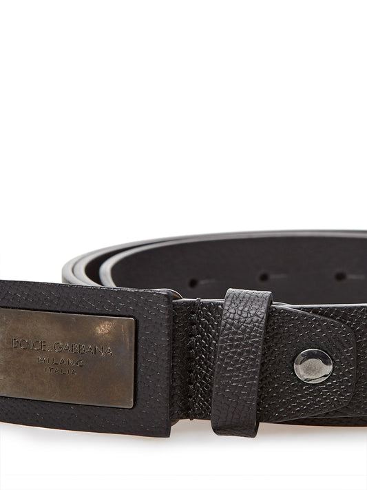 Black Leather Belt with Logo Buckle