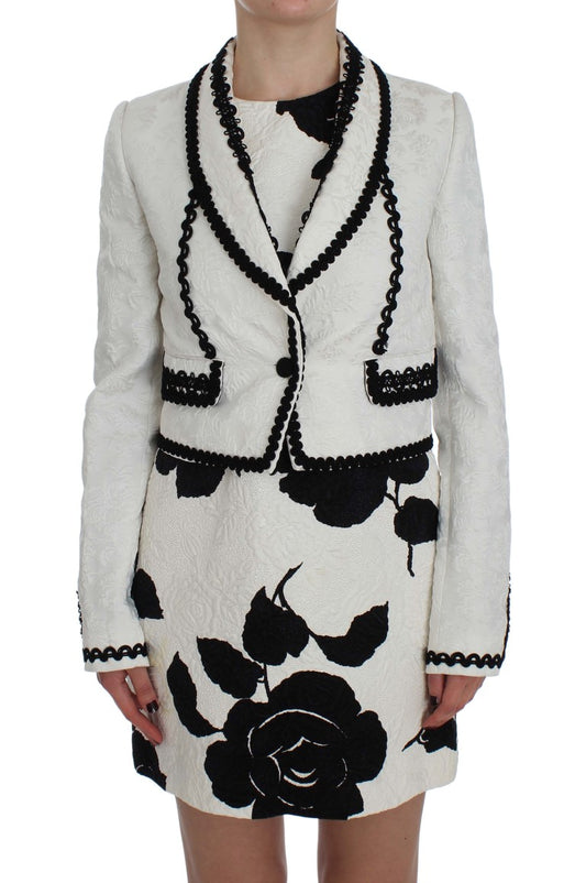 Elegant White & Black Floral Brocade Blazer Jacket