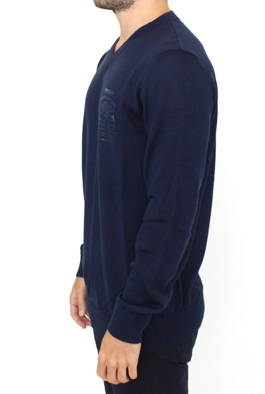 Elegant Blue V-Neck Wool Blend Pullover