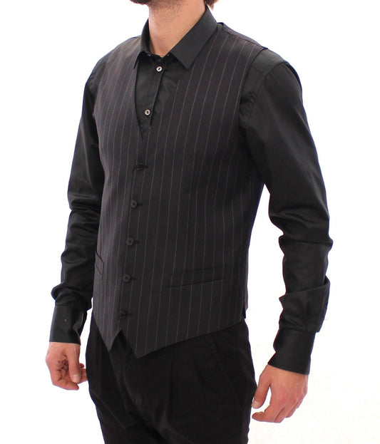 Elegant Gray Striped Wool Vest